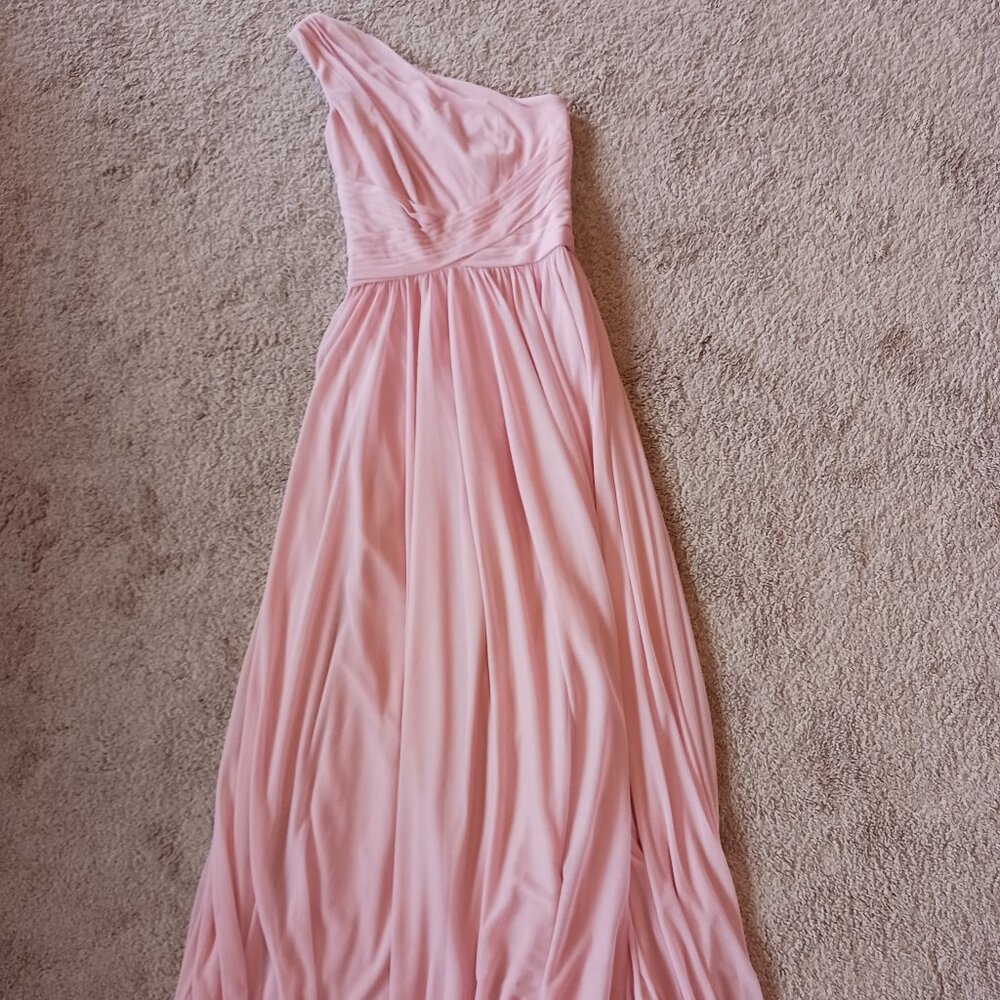 David's Bridal mesh one shoulder bridesmaid dress with full skirt, ballet pink